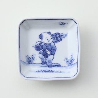 染付　扇と唐子絵豆皿